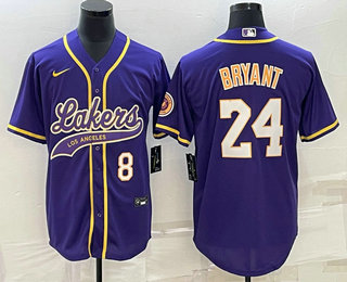 Mens Los Angeles Lakers #8 #24 Kobe Bryant Number Purple With Patch Cool Base Stitched Baseball Jersey